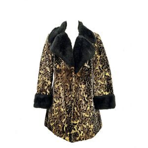 60s/70s Outerama Tailored Faux Leopard Print Fur W/ Black Fuax Fur Trim Coat